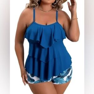 Tankini Tummy Suit Ruffled Flounce Swimwear with Shorts